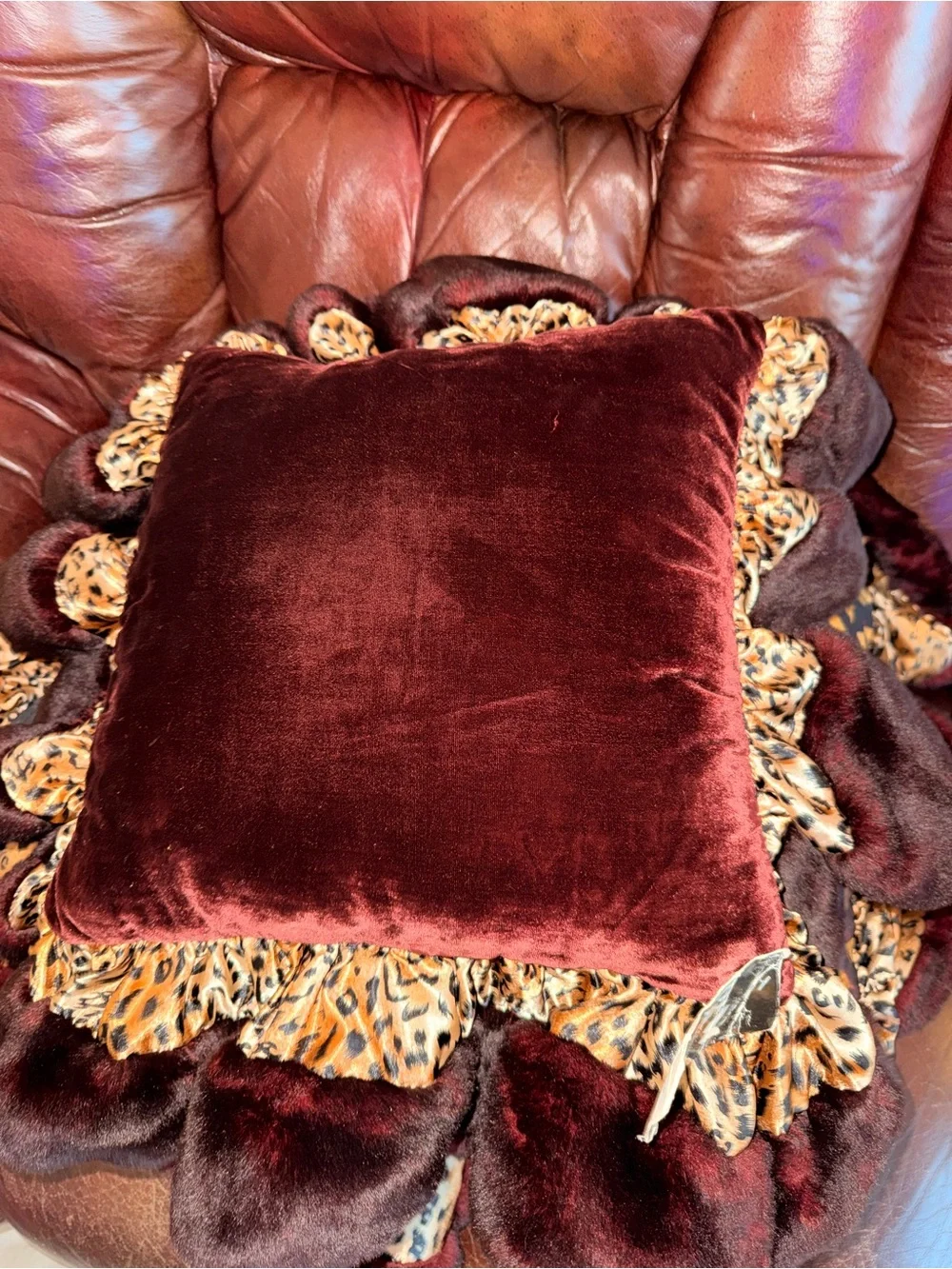 Burgundy Faux-Fur Ruffle Accent Pillow with Leopard Trim
